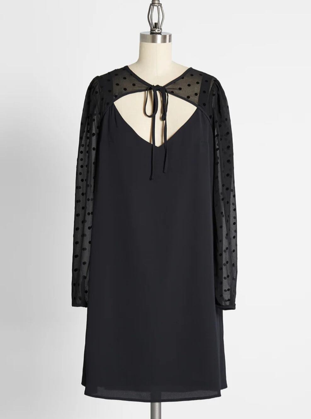 NWT ModCloth After The Aria Shift Dress Black Flocked Dot Sheer Sleeve M